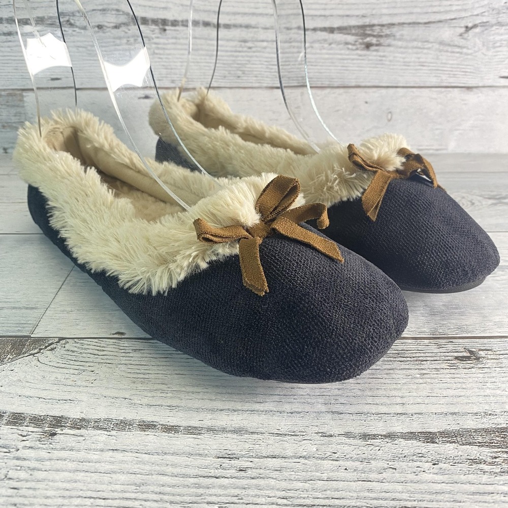 Dearfoams Slippers Womens 9 10 Large Black Faux Fur Lined Ballet Indoor Slip On